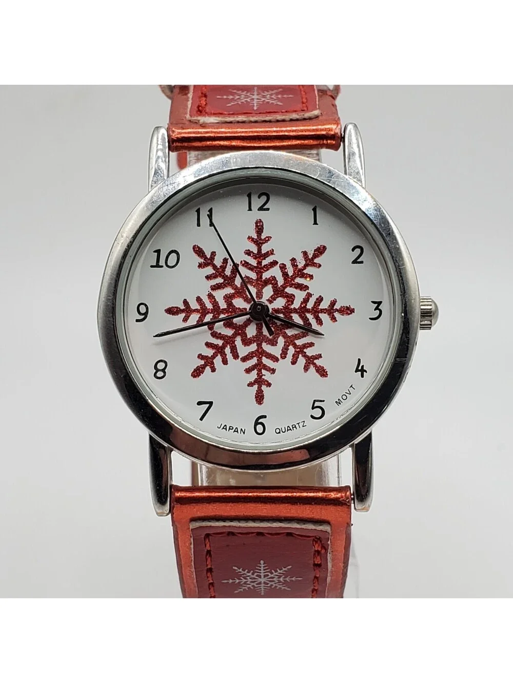 Red Snowflake Quartz Watch Womens 32mm Red Snowflake Band New Battery